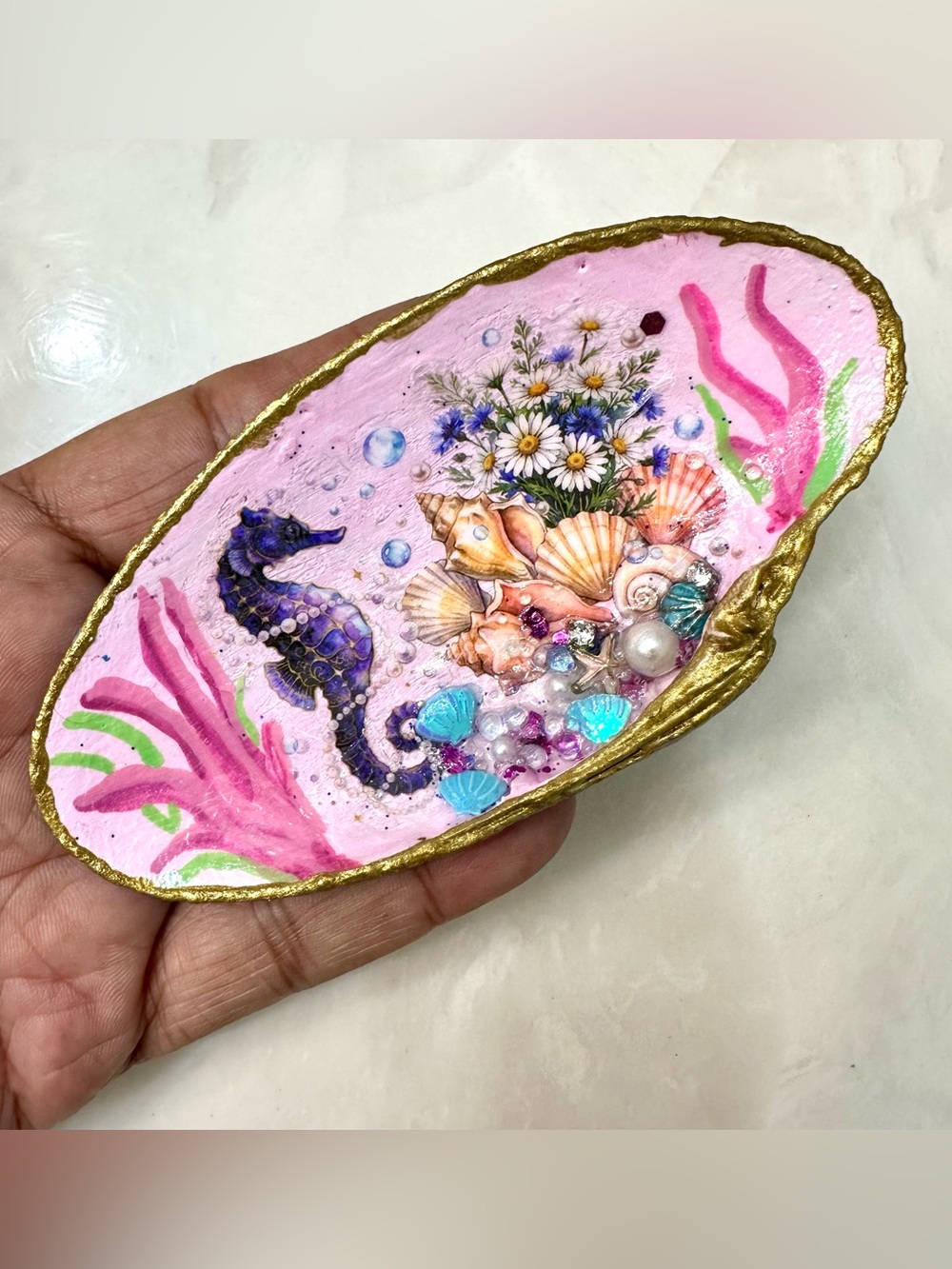 Handmade 3D Double Sided Tellin Shell Trinket Dish Seahorse Catch All Tray